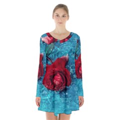 Red Roses In Water Long Sleeve Velvet V-neck Dress