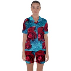 Red Roses In Water Satin Short Sleeve Pajamas Set by Audy