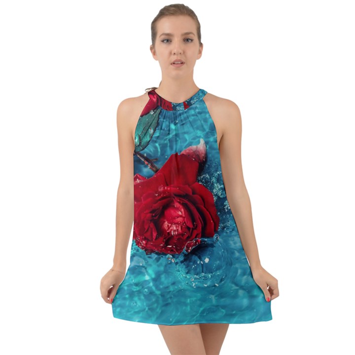 Red Roses In Water Halter Tie Back Chiffon Dress