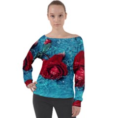 Red Roses In Water Off Shoulder Long Sleeve Velour Top by Audy