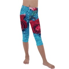 Red Roses In Water Kids  Lightweight Velour Capri Leggings  by Audy