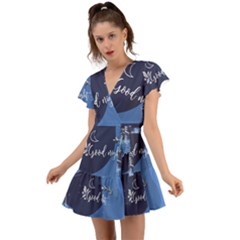 Background Good Night Flutter Sleeve Wrap Dress