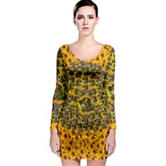 Lizards In Love In The Land Of Flowers Long Sleeve Bodycon Dress by pepitasart