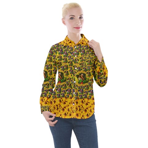 Lizards In Love In The Land Of Flowers Women s Long Sleeve Pocket Shirt by pepitasart