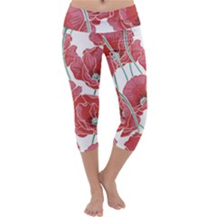 Red Poppy Flowers Capri Yoga Leggings by goljakoff