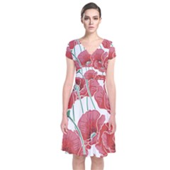 Red Poppy Flowers Short Sleeve Front Wrap Dress by goljakoff