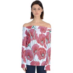 Red Poppy Flowers Off Shoulder Long Sleeve Top by goljakoff