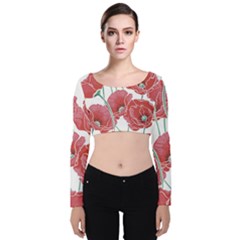 Red Poppy Flowers Velvet Long Sleeve Crop Top by goljakoff