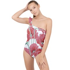 Red Poppy Flowers Frilly One Shoulder Swimsuit by goljakoff