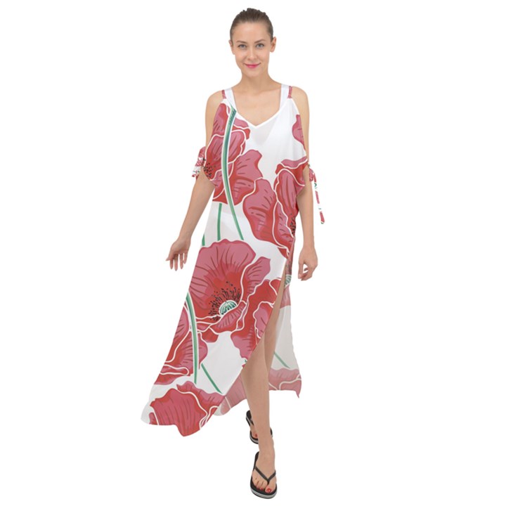 Red poppy flowers Maxi Chiffon Cover Up Dress