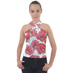 Red Poppy Flowers Cross Neck Velour Top by goljakoff