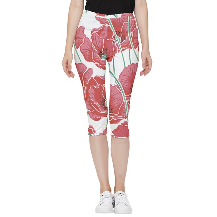 Red poppy flowers Inside Out Lightweight Velour Capri Leggings 