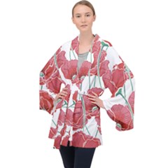 Red Poppy Flowers Long Sleeve Velvet Kimono  by goljakoff