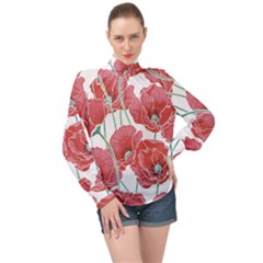 Red Poppy Flowers High Neck Long Sleeve Chiffon Top by goljakoff