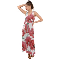 Red Poppy Flowers V-neck Chiffon Maxi Dress by goljakoff