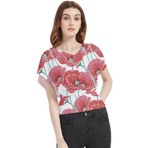 Red Poppy Flowers Butterfly Chiffon Blouse by goljakoff