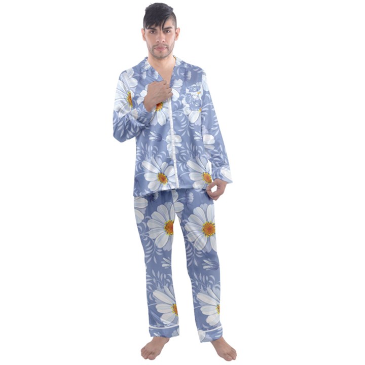 Chamomile flower Men s Long Sleeve Satin Pajamas Set