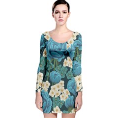 Blue Roses Long Sleeve Velvet Bodycon Dress by goljakoff