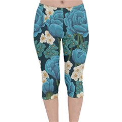 Blue Roses Velvet Capri Leggings  by goljakoff