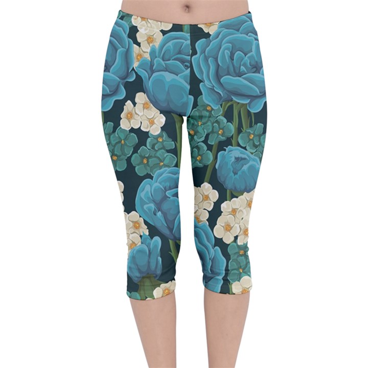 Blue roses Velvet Capri Leggings 