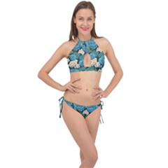 Blue roses Cross Front Halter Bikini Set