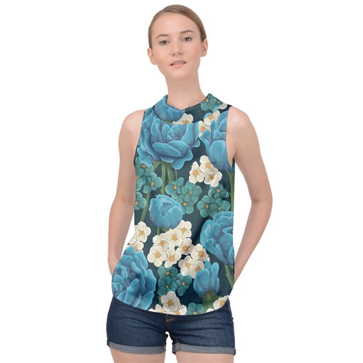 Blue roses High Neck Satin Top