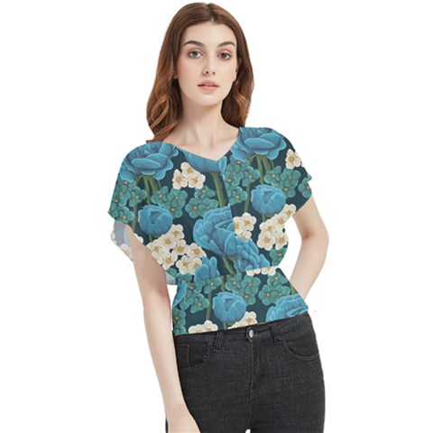 Blue Roses Butterfly Chiffon Blouse by goljakoff