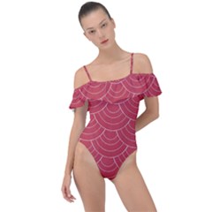 Red Sashiko Frill Detail One Piece Swimsuit by goljakoff