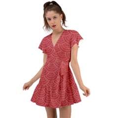 Red Sashiko Flutter Sleeve Wrap Dress by goljakoff