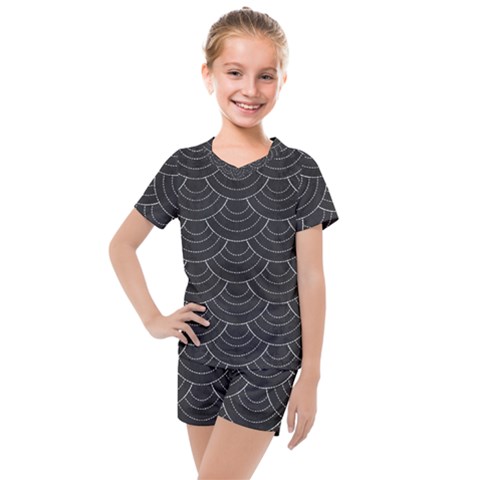 Black Sashiko Ornament Kids  Mesh Tee And Shorts Set by goljakoff