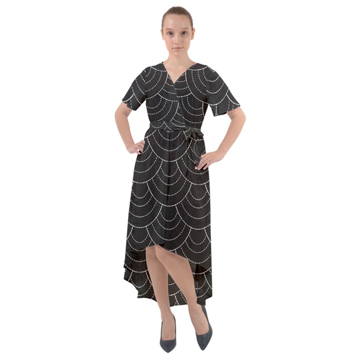 Black sashiko ornament Front Wrap High Low Dress