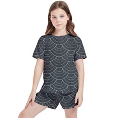 Black Sashiko Ornament Kids  Tee And Sports Shorts Set by goljakoff