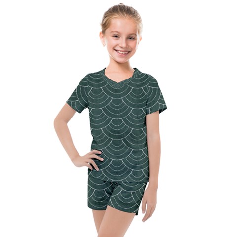 Green Sashiko Kids  Mesh Tee And Shorts Set by goljakoff