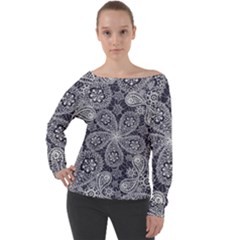 White flower mandala Off Shoulder Long Sleeve Velour Top