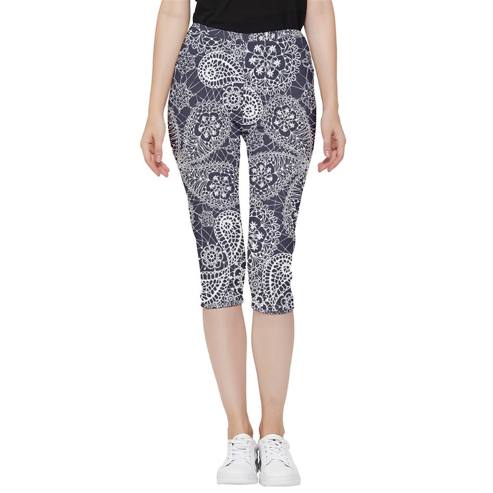 White flower mandala Inside Out Lightweight Velour Capri Leggings 