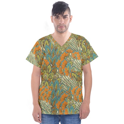 Orange Flowers Men s V-neck Scrub Top by goljakoff