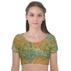 Orange Flowers Velvet Short Sleeve Crop Top  by goljakoff