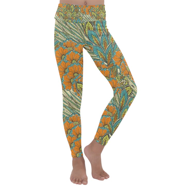 Orange flowers Kids  Lightweight Velour Classic Yoga Leggings