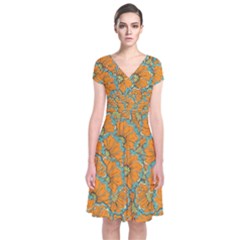 Orange Flowers Short Sleeve Front Wrap Dress by goljakoff