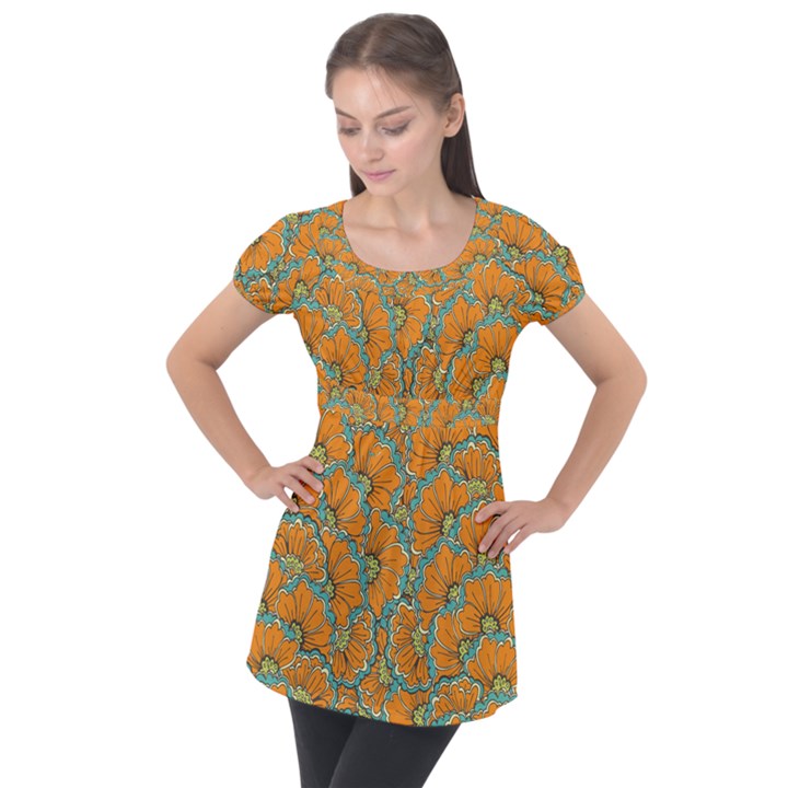 Orange flowers Puff Sleeve Tunic Top