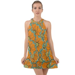 Orange Flowers Halter Tie Back Chiffon Dress by goljakoff