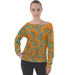 Orange Flowers Off Shoulder Long Sleeve Velour Top by goljakoff