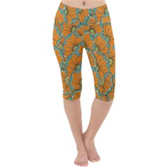 Orange Flowers Lightweight Velour Cropped Yoga Leggings by goljakoff