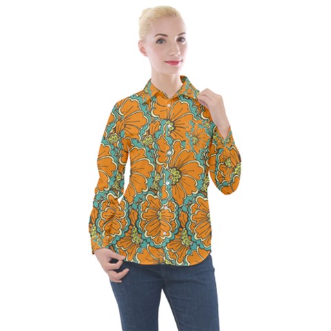 Orange Flowers Women s Long Sleeve Pocket Shirt by goljakoff