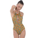 Orange flowers Plunge Cut Halter Swimsuit View1