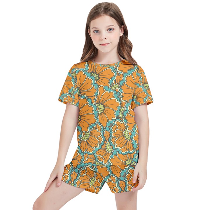 Orange flowers Kids  Tee and Sports Shorts Set