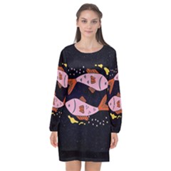 Fish Pisces Astrology Star Zodiac Long Sleeve Chiffon Shift Dress  by HermanTelo