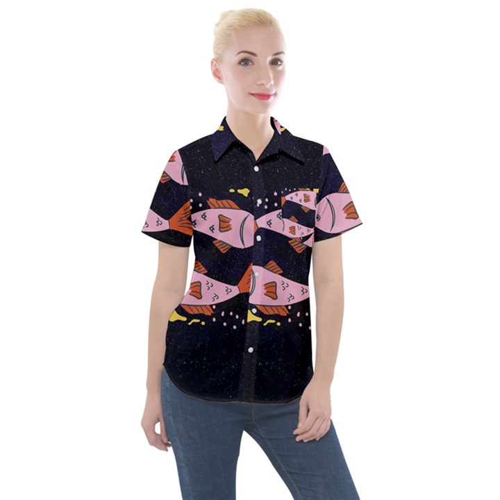 Fish Pisces Astrology Star Zodiac Women s Short Sleeve Pocket Shirt