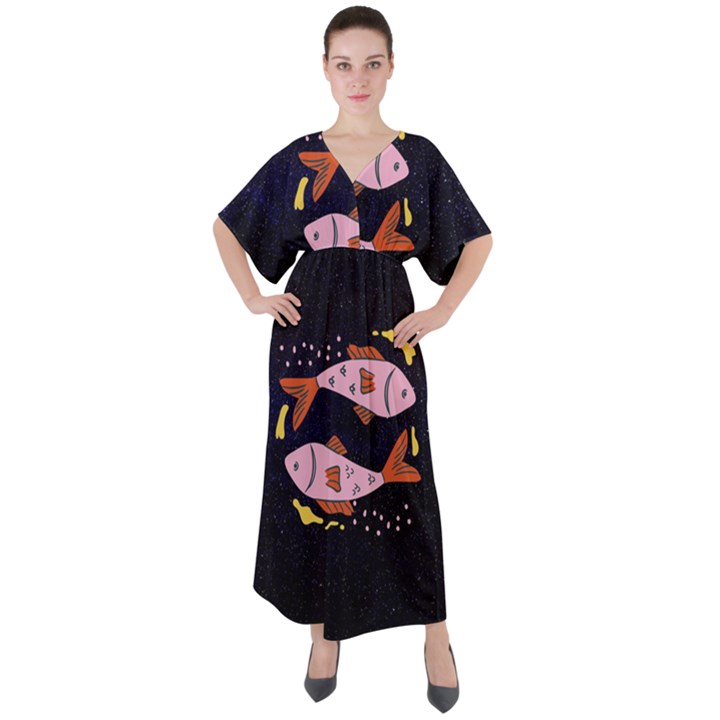 Fish Pisces Astrology Star Zodiac V-Neck Boho Style Maxi Dress