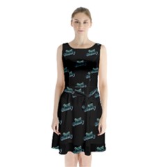 Just Beauty Words Motif Print Pattern Sleeveless Waist Tie Chiffon Dress